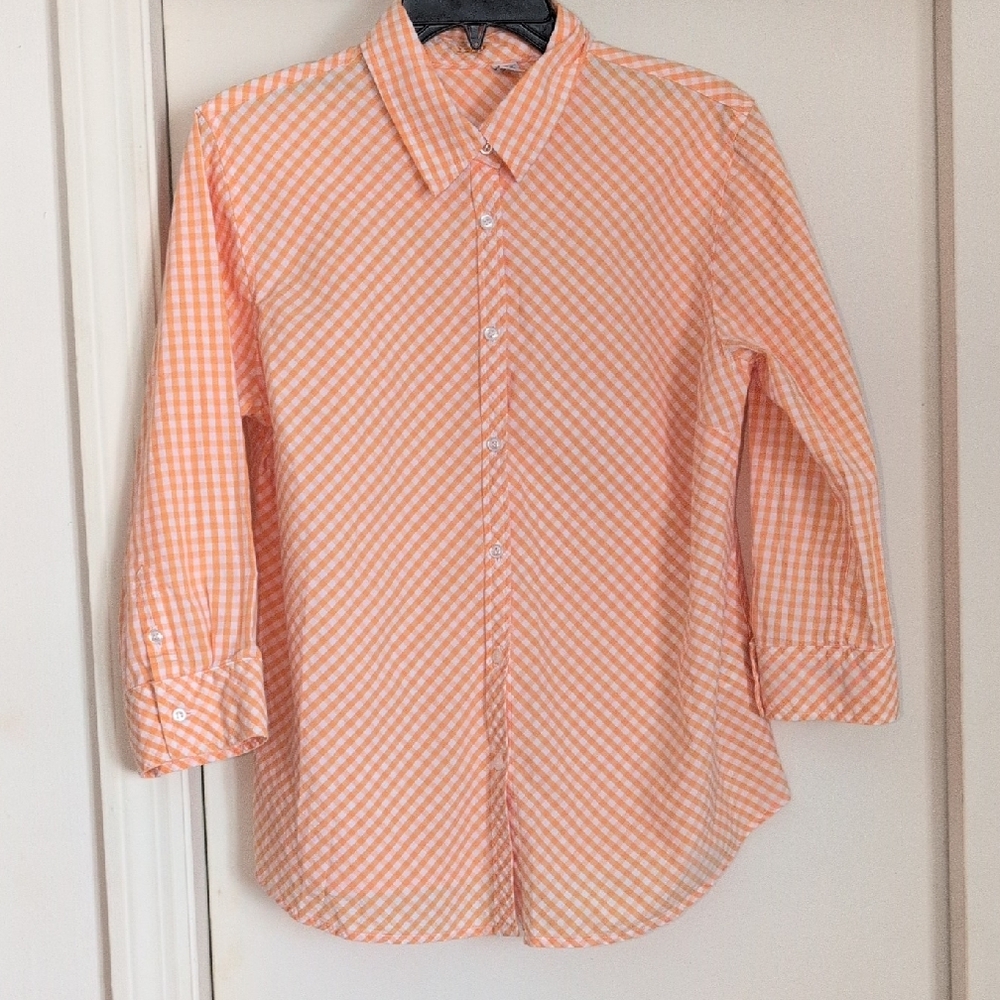 Izod Women's Orange Checkered Plaid Button-Down Shirt Size Large